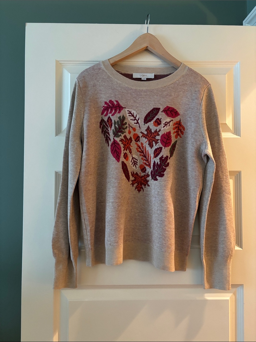 LOFT Beige Intarsia Crewneck Sweater with Multicolor Heart Leaf Motif